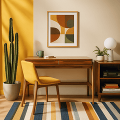Remix Writing Desk in Estelle Brown lifestyle setting - acacia mid-century writing desk - Whats New Furniture Portland OR
