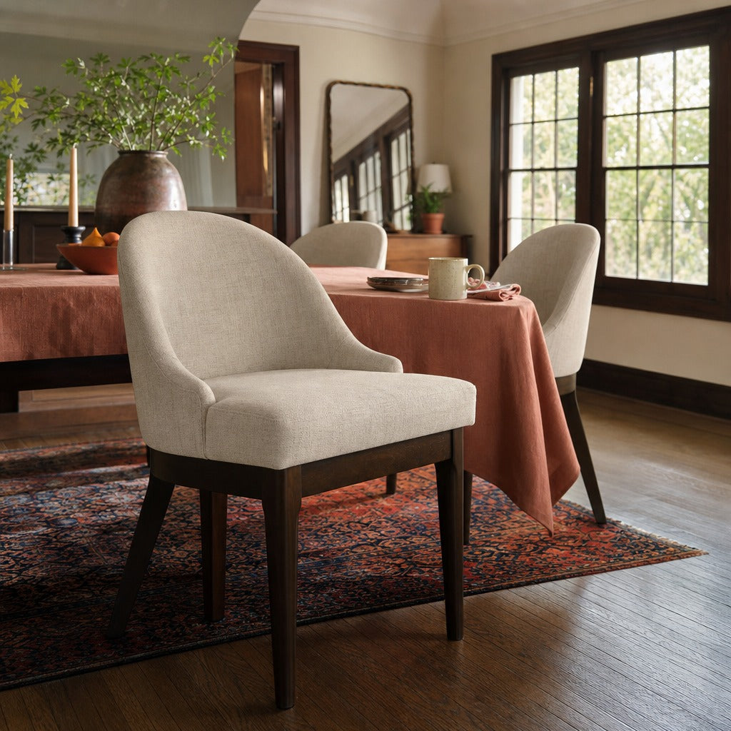 Reseda Upholstered Dining Side Chair Beige Set Of 2 styled in Portland Laurelhurst Tudor cottage living room - What&