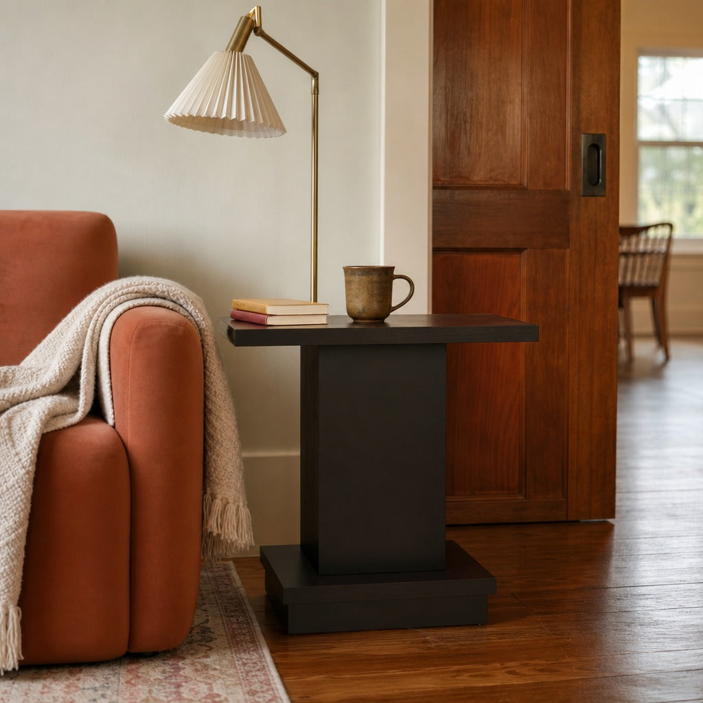 Reston Engineered Wood Pedestal Console Table Cappuccino styled in Portland Montavilla cottage living room - What&