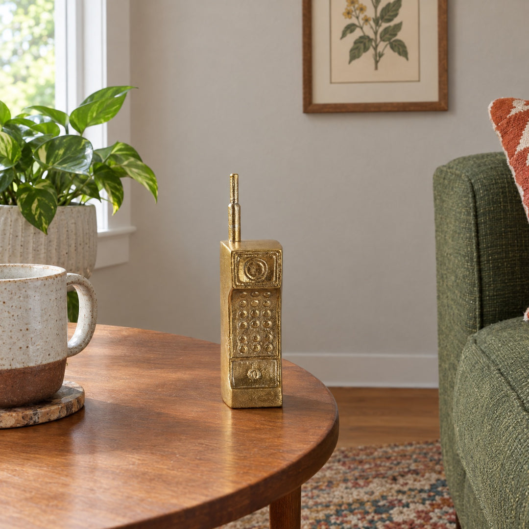 Retro Cordless Phone Sculpture 8", Gold styled in a Portland living room - Whats New Furniture