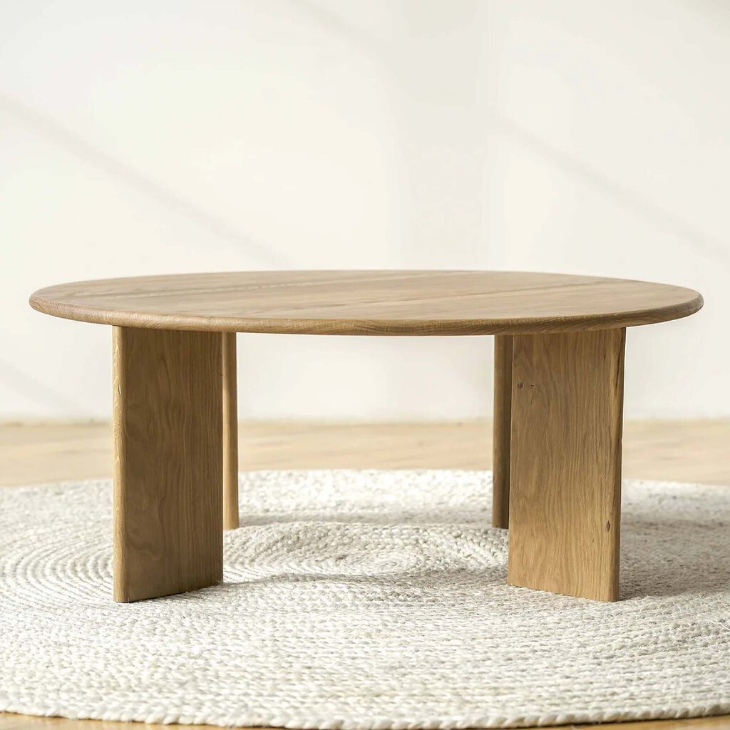 Reunion Coffee Table in White Oak room setting - round coffee table - Whats New Furniture Portland OR