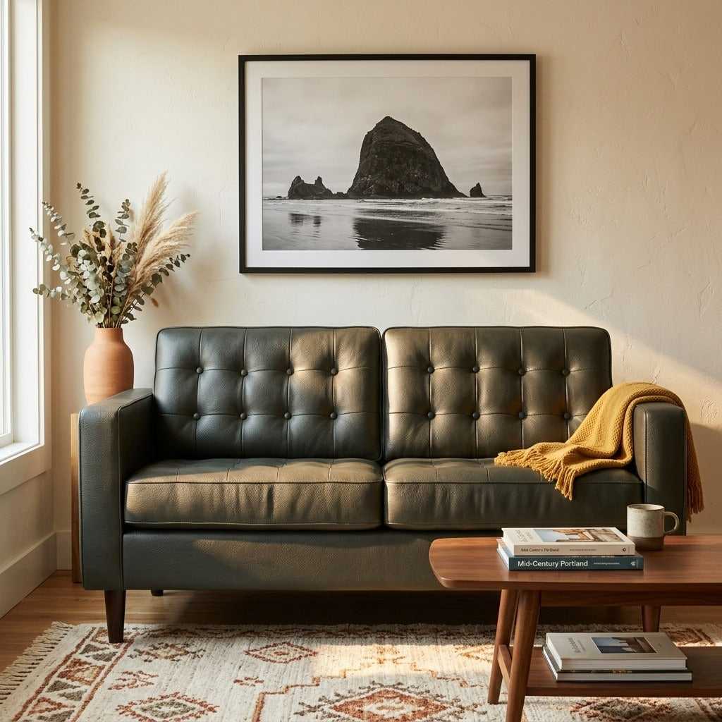 Reverie Loveseat in Bali Basil styled in a bright Portland mid-century modern living room - Whats New Furniture