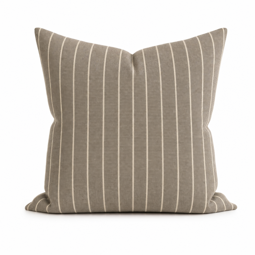 Rhett Earth Ticking Stripe Throw Pillow front view by Decor Fifty-Five - Whats New Furniture Portland OR