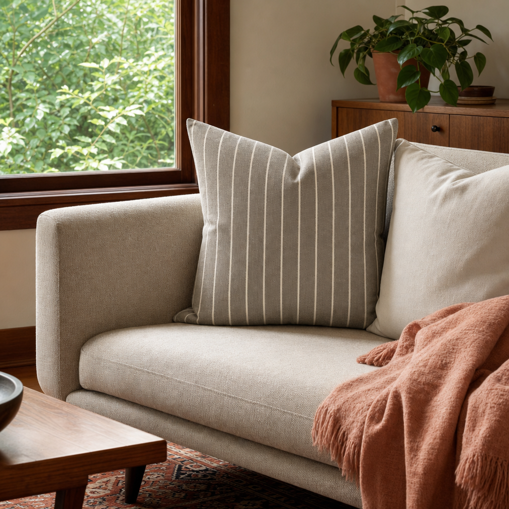 Rhett Earth Ticking Stripe Throw Pillow styled in a Portland Hawthorne bungalow living room lifestyle - Whats New Furniture