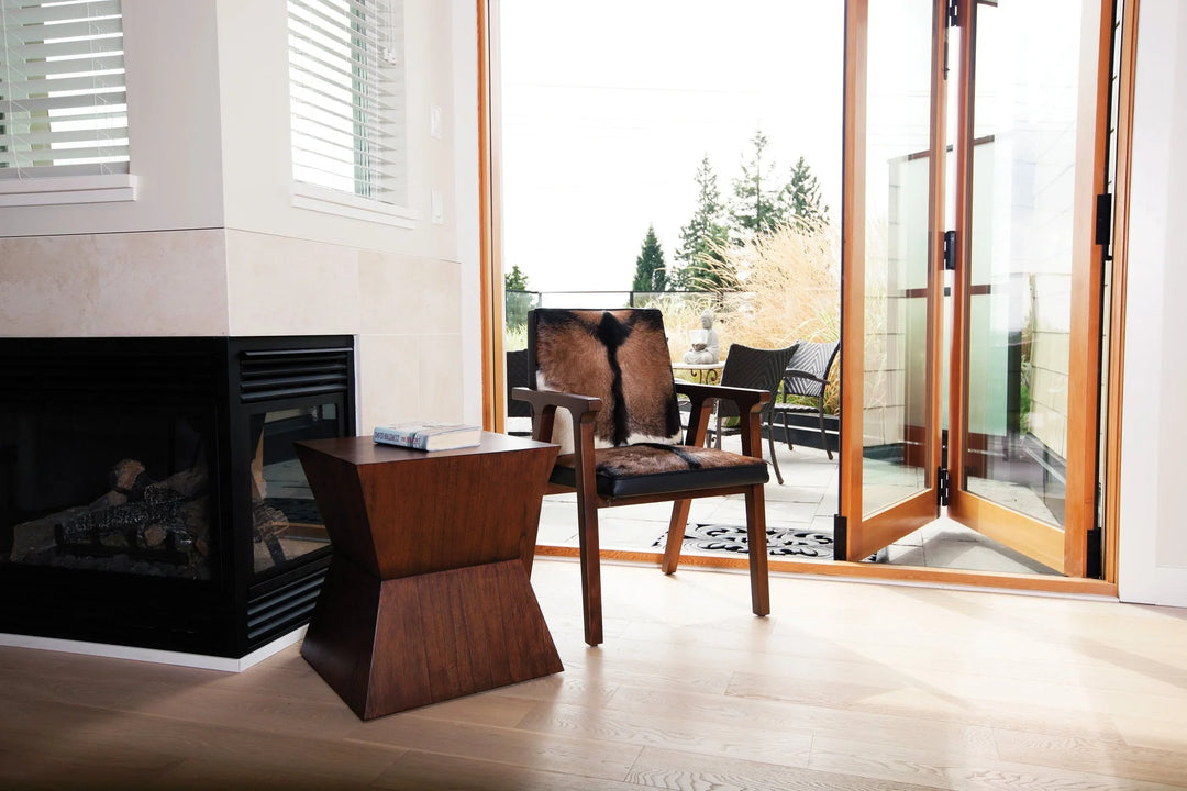 Rio Cool Armchair - Brown Mindi Oak, Leather/Goat Hair in Brown Mindi Oak Hide styled room setting - Mindi oak armchair by LH Imports - Whats New Furniture Portland OR