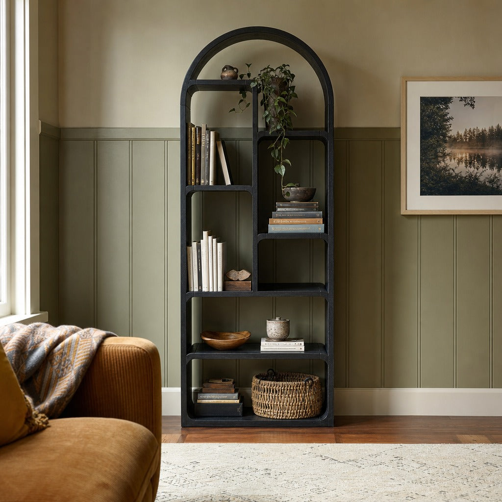 Risa Bookcase in Brushed Ebony Oak styled in Portland St. Johns bungalow living room - Whats New Furniture