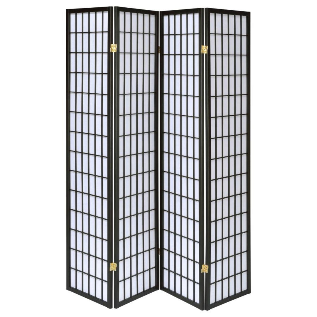 Roberto 4-Panel Room Divider in black side angle - modern shoji folding screen by Coaster - Whats New Furniture Portland OR