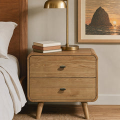 Robyn 2-drawer Nightstand styled in a bright mid-century modern Portland bedroom - Whats New Furniture