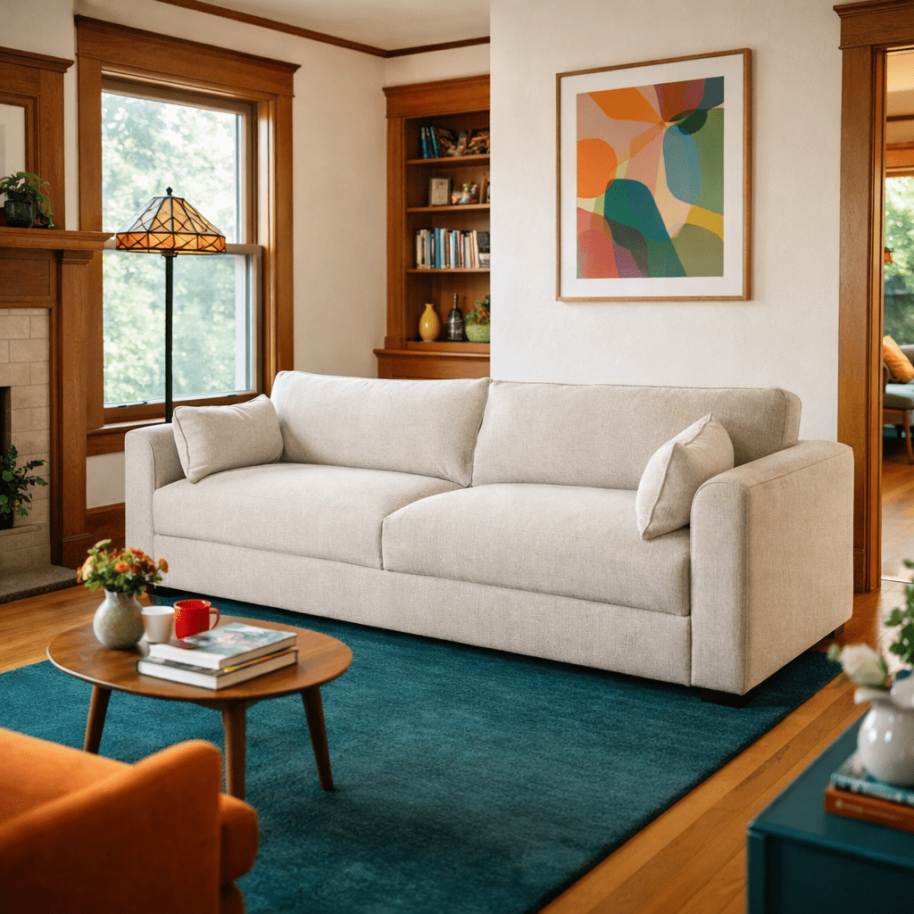 Rochester Sofa in Belfast Cream side angle - mid-century chenille sofa private label - Whats New Furniture Portland OR