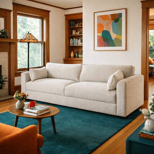 Rochester Sofa in Belfast Cream side angle - mid-century chenille sofa private label - Whats New Furniture Portland OR