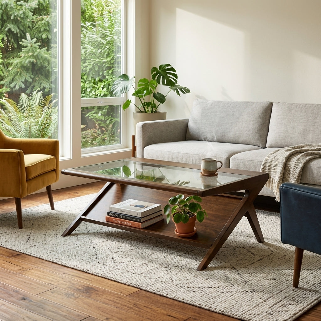 Rocket Coffee Table with Tempered Glass in Morocco Brown lifestyle setting - mid-century glass-top coffee table by Olliix - Whats New Furniture Portland OR