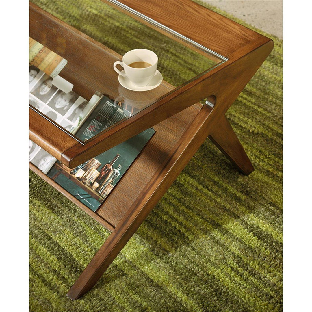 Rocket Coffee Table with Tempered Glass in pecan side angle - mid-century glass-top coffee table by Olliix - Whats New Furniture Portland OR