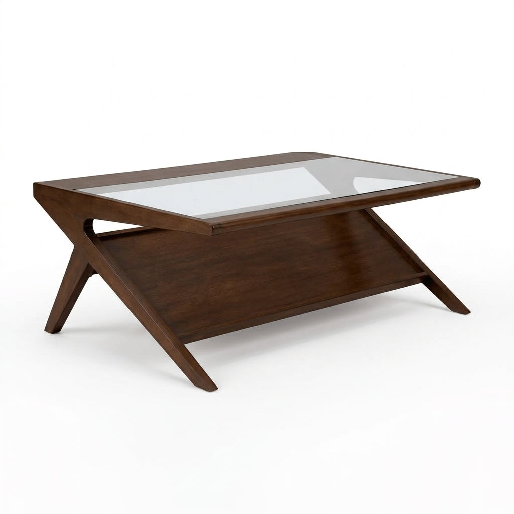 Rocket Coffee Table with Tempered Glass in pecan back view - mid-century glass-top coffee table by Olliix - Whats New Furniture Portland OR