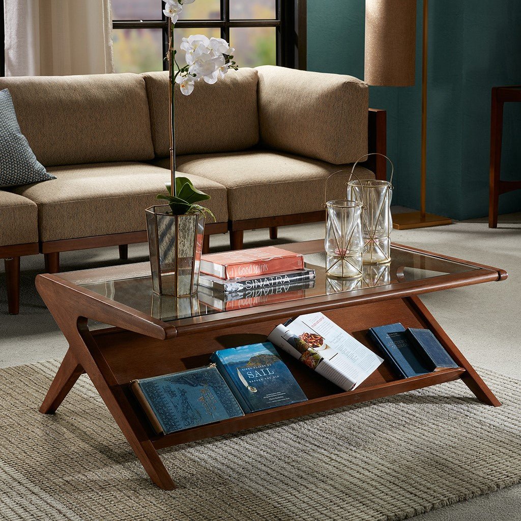 Rocket Coffee Table with Tempered Glass in pecan detail view - mid-century glass-top coffee table by Olliix - Whats New Furniture Portland OR