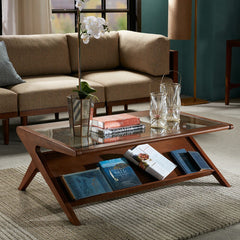 Rocket Coffee Table with Tempered Glass in pecan detail view - mid-century glass-top coffee table by Olliix - Whats New Furniture Portland OR