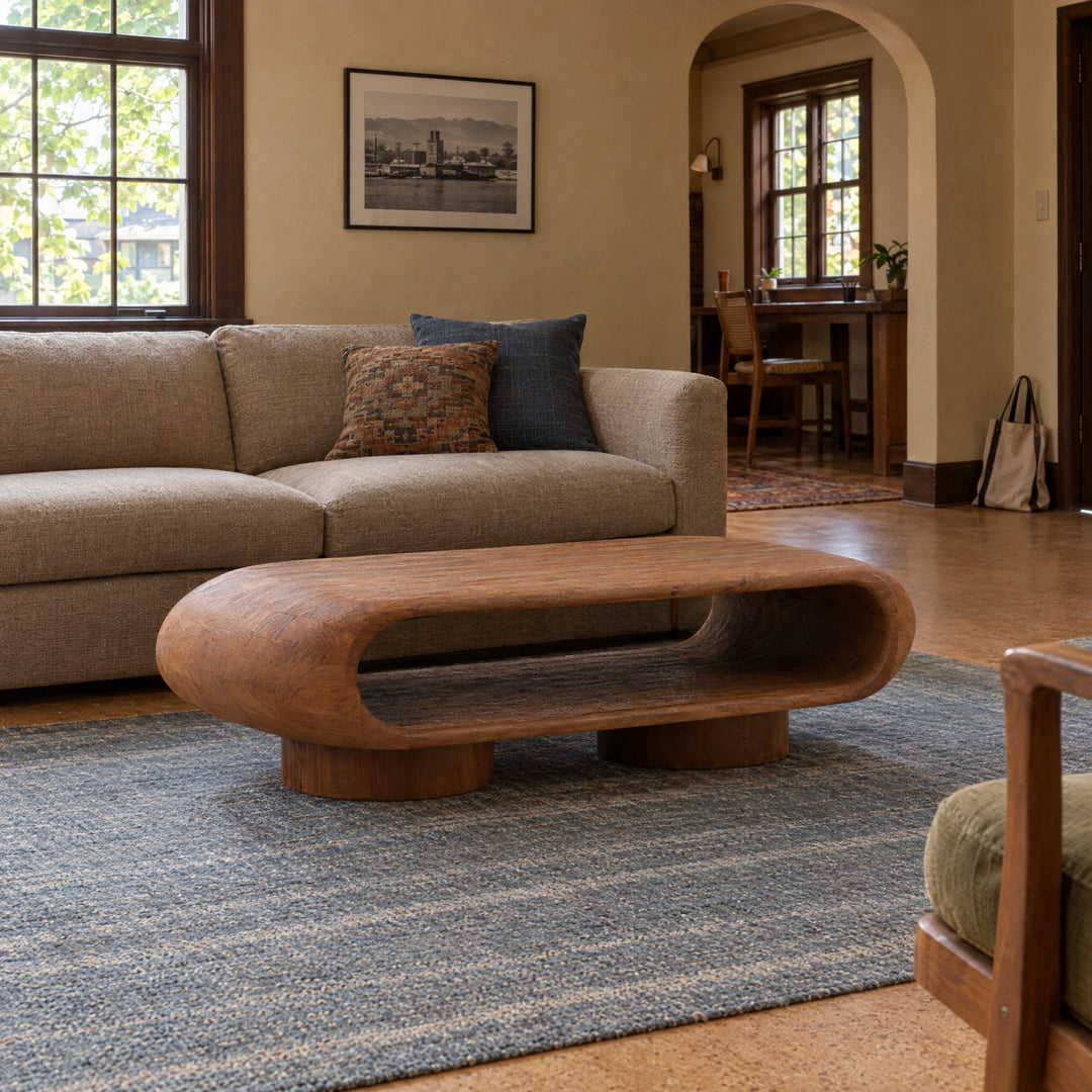 Ronin Coffee Table - Oval Acacia Wood in Brown styled in a Portland home - Whats New Furniture