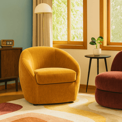 Roselawn Accent Chair in Canna Fennel lifestyle setting - mid-century barrel accent chair private label - Whats New Furniture Portland OR