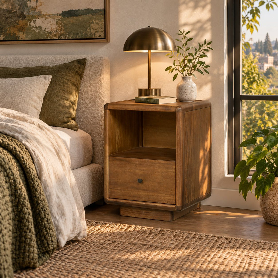 Rosette 19 Inch Nightstand / Side Table in Hazelnut Brown styled in a Portland home - Whats New Furniture Portland