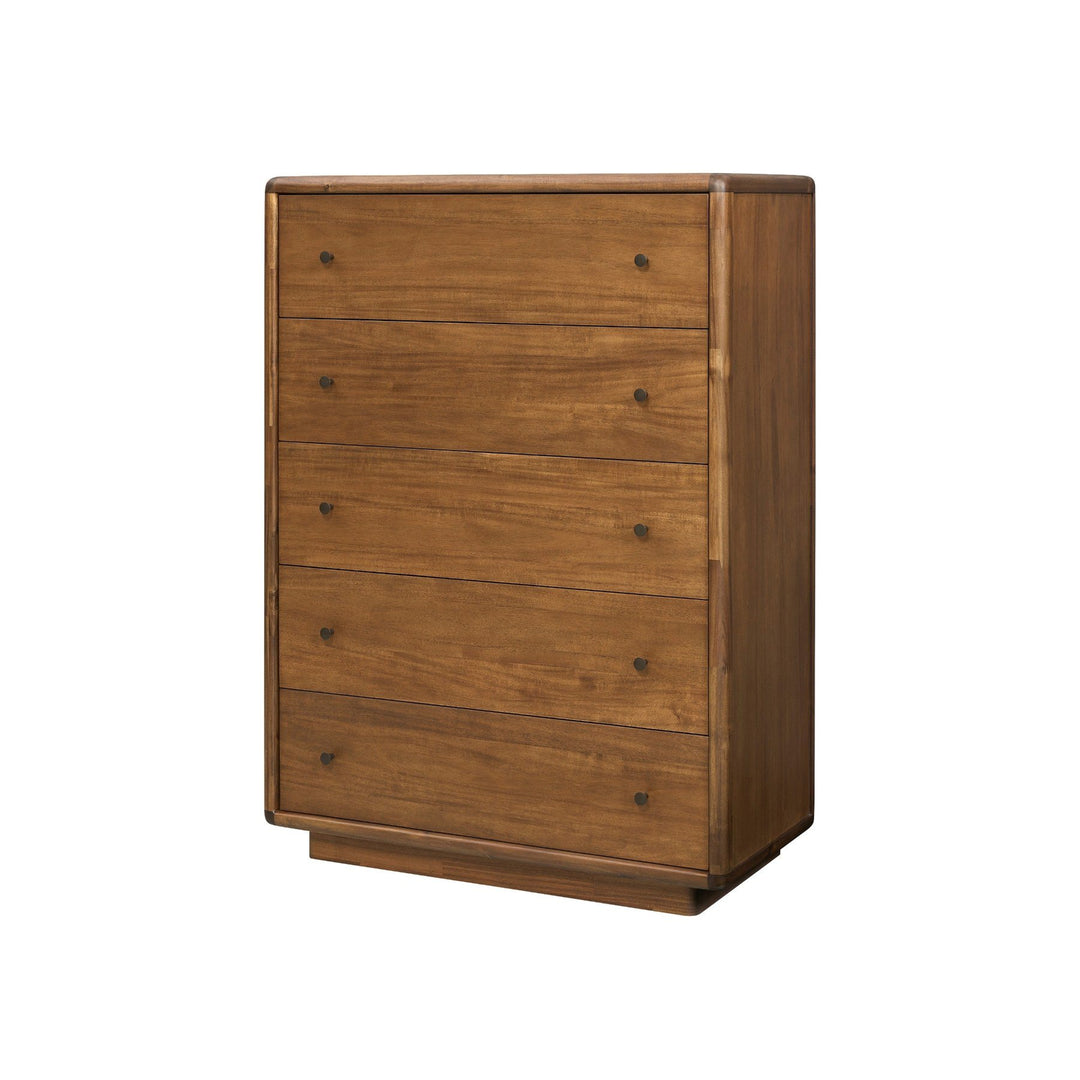 Rosette 5-Drawer Chest in Hazelnut Brown - angled studio view - Whats New Furniture Portland