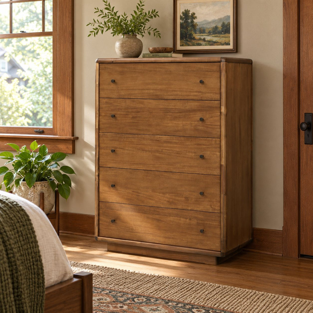 Rosette 5-Drawer Chest in Hazelnut Brown styled in a Portland home - Whats New Furniture Portland