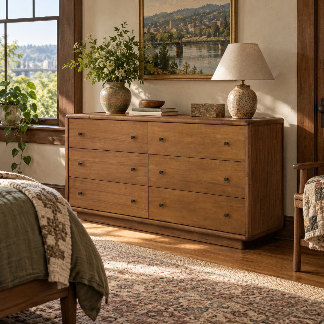 Rosette 6-Drawer Dresser in Hazelnut Brown styled in a Portland home - Whats New Furniture Portland