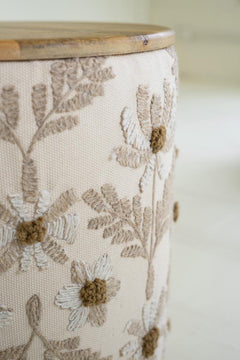 Round Embroidered Accent Table with Mango Wood Top close on the crewel floral embroidery - side tables by Kalalou - Whats New Furniture Portland OR