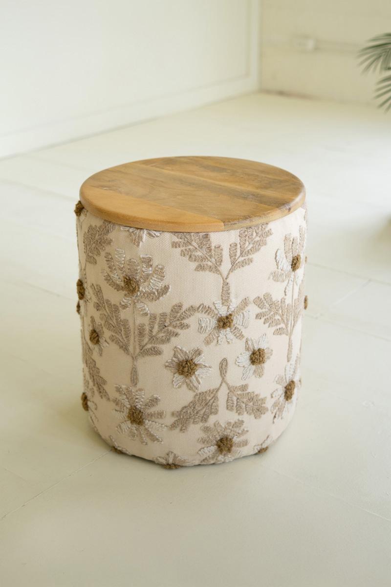 Round Embroidered Accent Table with Mango Wood Top on a pale floor showing the wood top - side tables by Kalalou - Whats New Furniture Portland OR