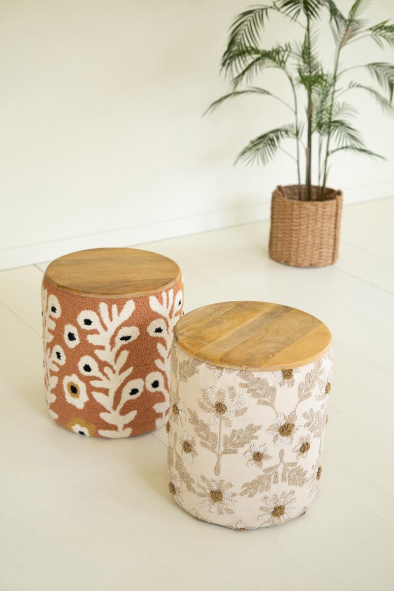 Round Embroidered Accent Table with Mango Wood Top shown next to a companion table in rust - side tables by Kalalou - Whats New Furniture Portland OR