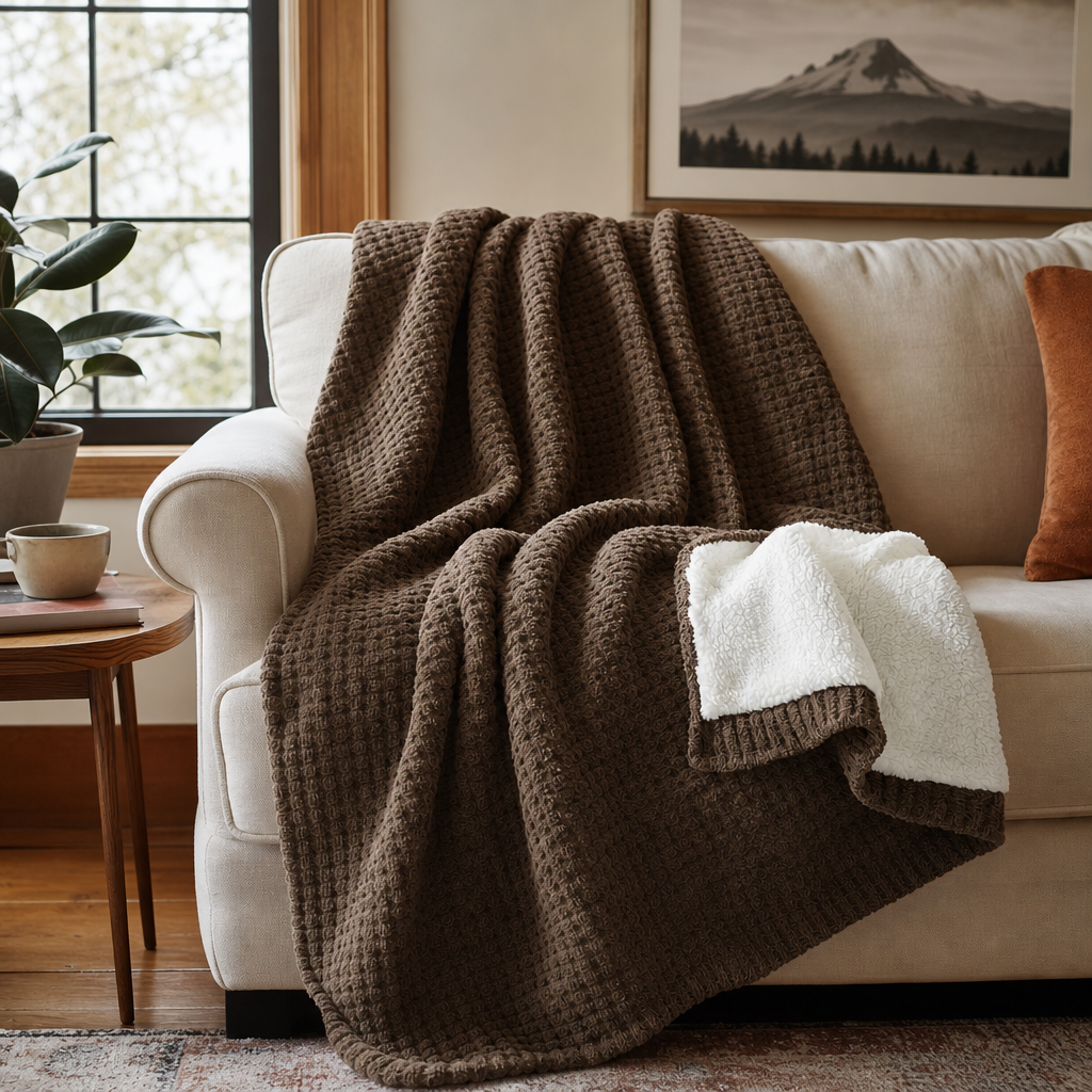 Rowan Waffle Knit Throw in Brown styled in Portland living room - Whats New Furniture