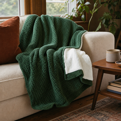 Rowan Waffle Knit Throw in Green styled in Portland living room - Whats New Furniture