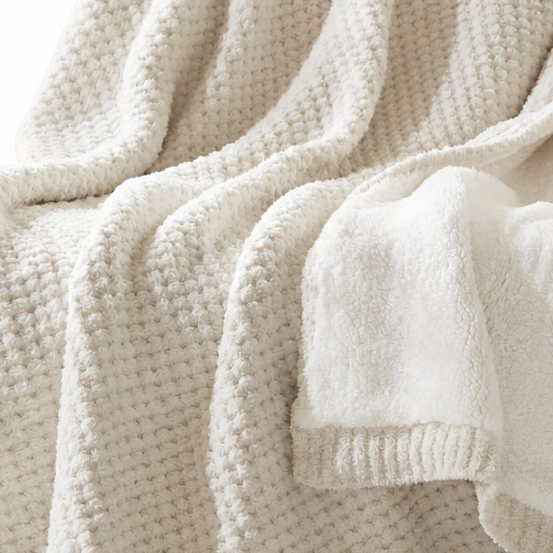 Rowan Waffle Knit Throw in Ivory texture detail - throw blanket by Olliix - Whats New Furniture Portland OR
