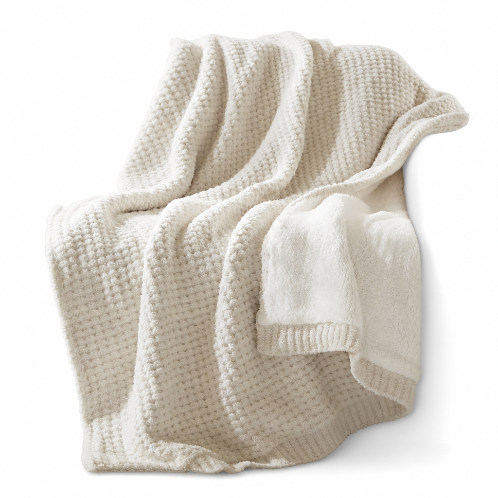 Rowan Waffle Knit Throw in Ivory front view - throw blanket by Olliix - Whats New Furniture Portland OR