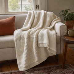Rowan Waffle Knit Throw in Ivory styled in Portland living room - Whats New Furniture