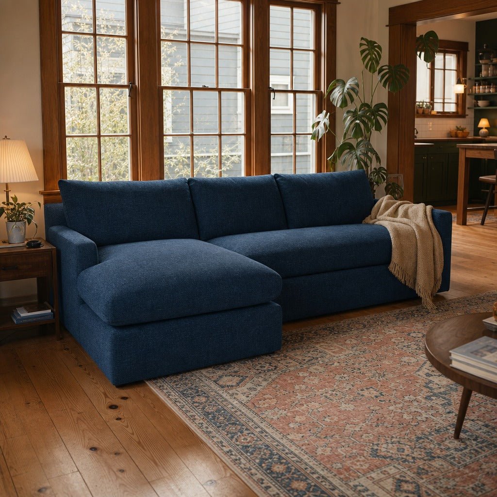 Bradford Slipcovered Sectional in Sapphire styled in a Portland Craftsman living room - Whats New Furniture