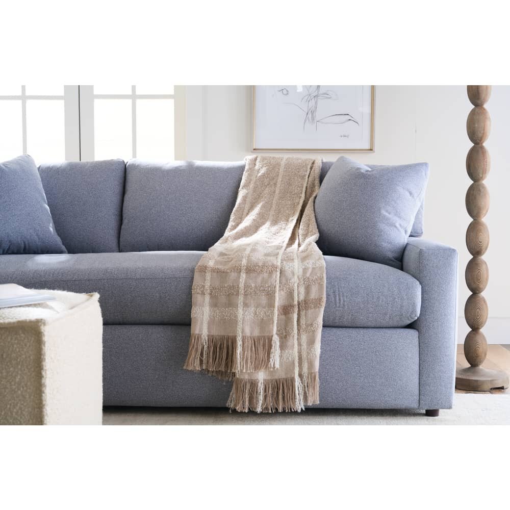 Close view of the Rowe Concord sofa in blue fabric showing the bench seat cushion, loose back cushions and track arm - Whats New Furniture Portland