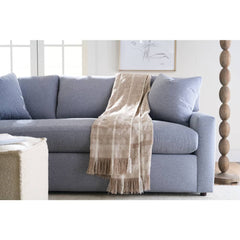 Close view of the Rowe Concord sofa in blue fabric showing the bench seat cushion, loose back cushions and track arm - Whats New Furniture Portland