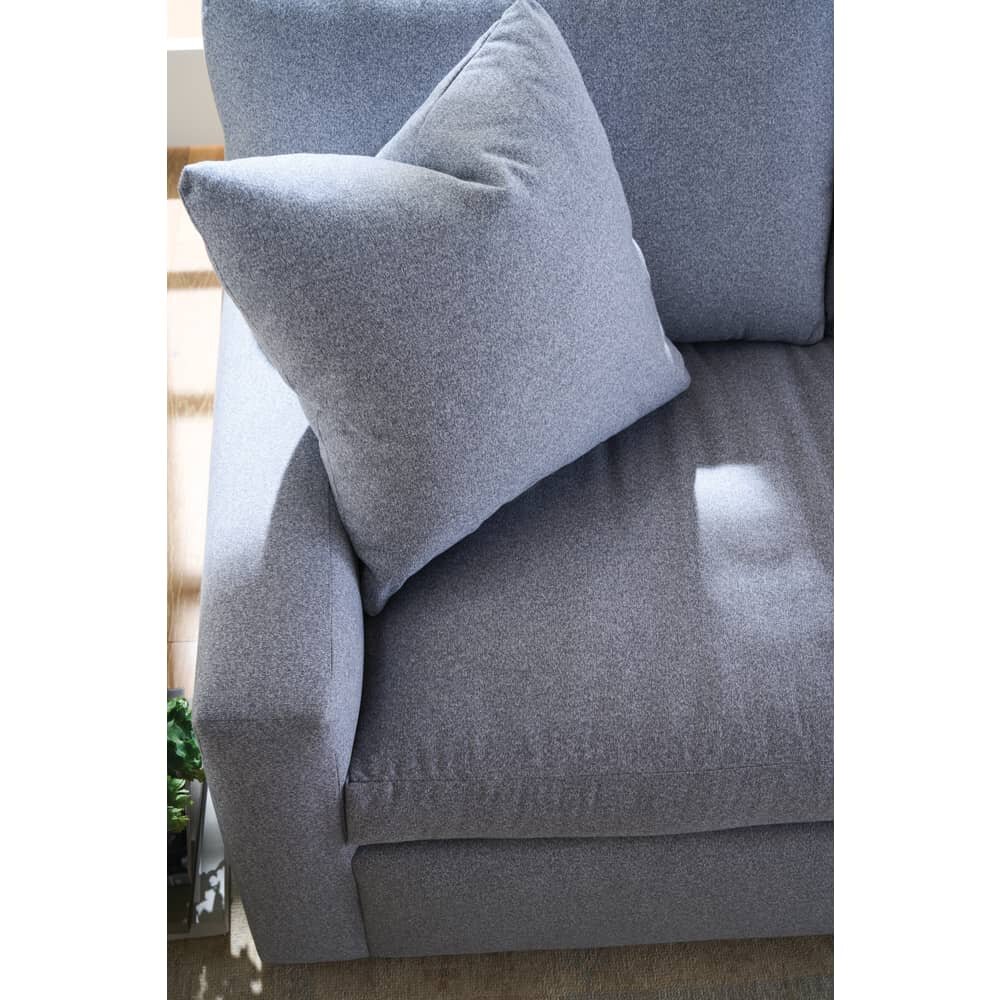 Rowe Concord sofa in blue fabric with a 20-inch down-blend throw pillow resting against the track arm - Whats New Furniture Portland
