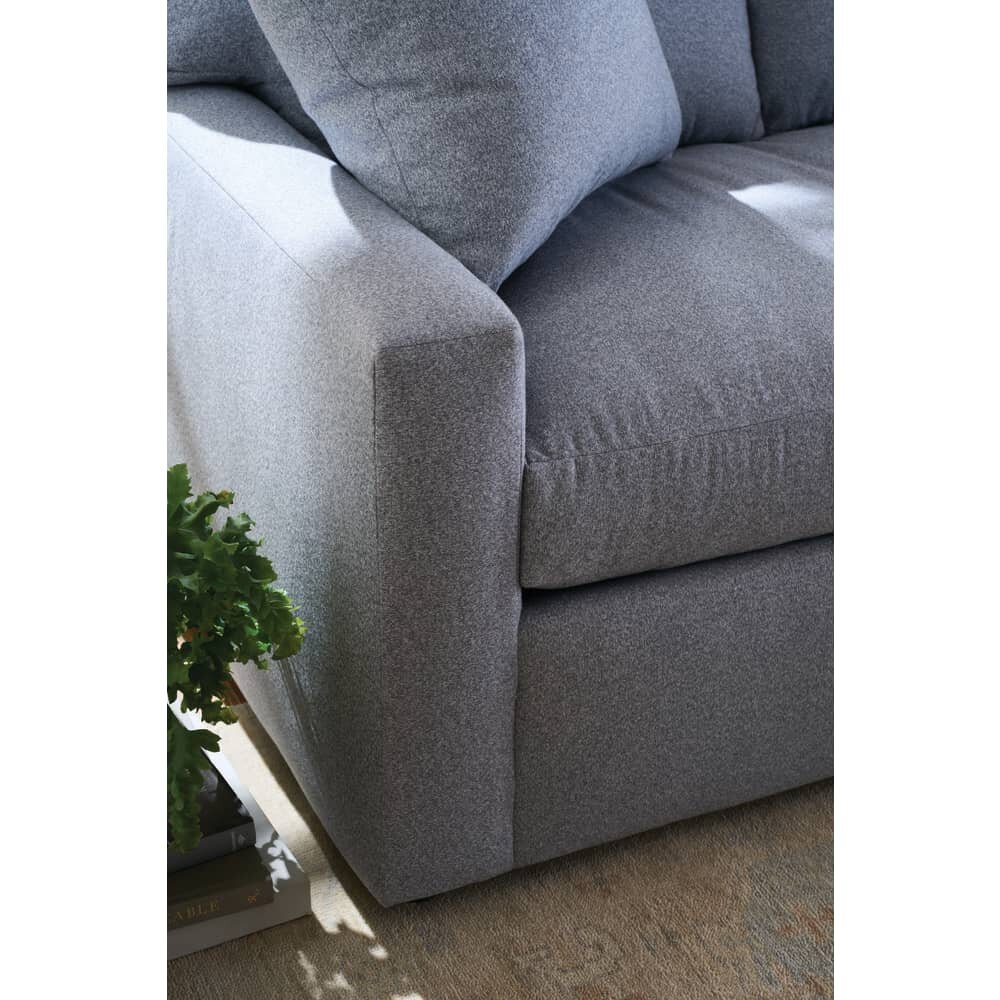 Rowe Concord sofa track arm and bench seat cushion in blue fabric, shown from the side - Whats New Furniture Portland