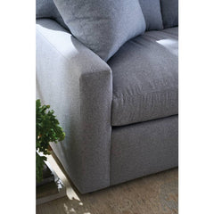 Rowe Concord sofa track arm and bench seat cushion in blue fabric, shown from the side - Whats New Furniture Portland