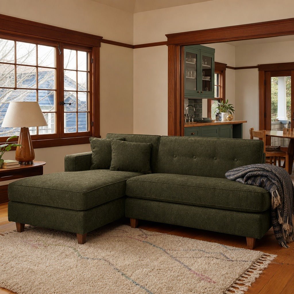 Dorset Sectional in Evergreen styled in a Portland Craftsman living room - Whats New Furniture