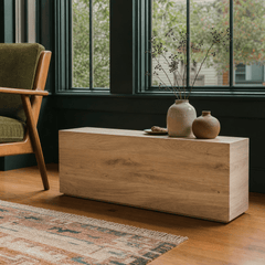 Indira Rectangle End Table in Vintage Oak styled as a sofa-back console in a Portland living room - lifestyle - What&