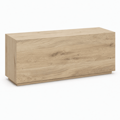 Indira Rectangle End Table in Vintage Oak three-quarter angle showing the waterfall mitre and plinth base - What&
