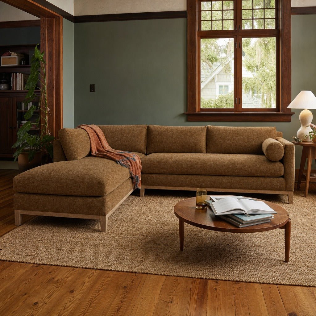 Leo 2-Piece Chaise Sectional in Golden Ocher styled in a Portland Craftsman living room - Whats New Furniture