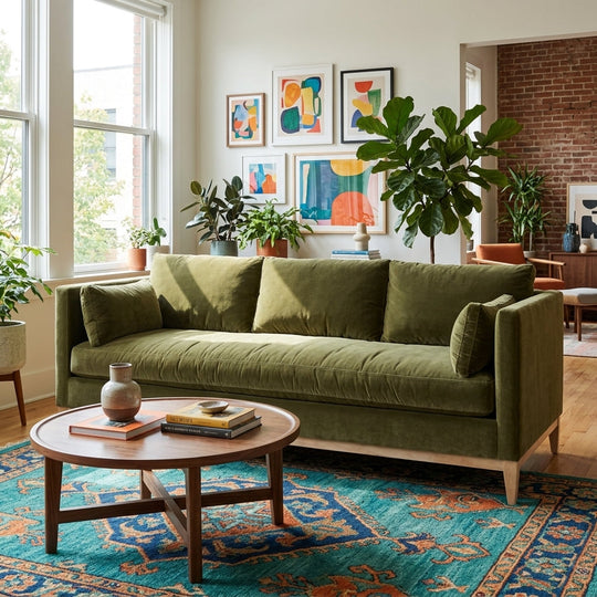 Leo Sofa in Golden Ocher styled in a bright Portland mid-century modern living room - Whats New Furniture