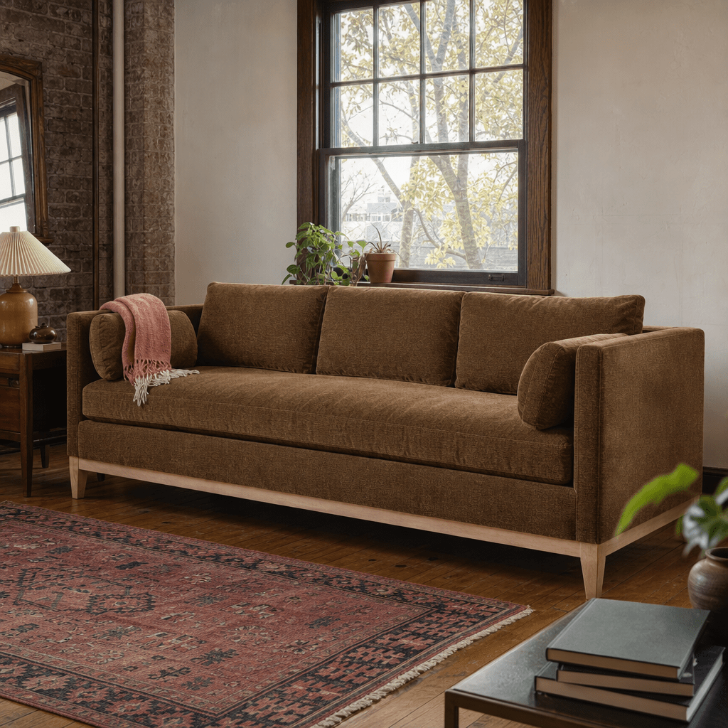 Leo Sofa in Golden Ocher styled in a Portland warehouse loft living room - Whats New Furniture