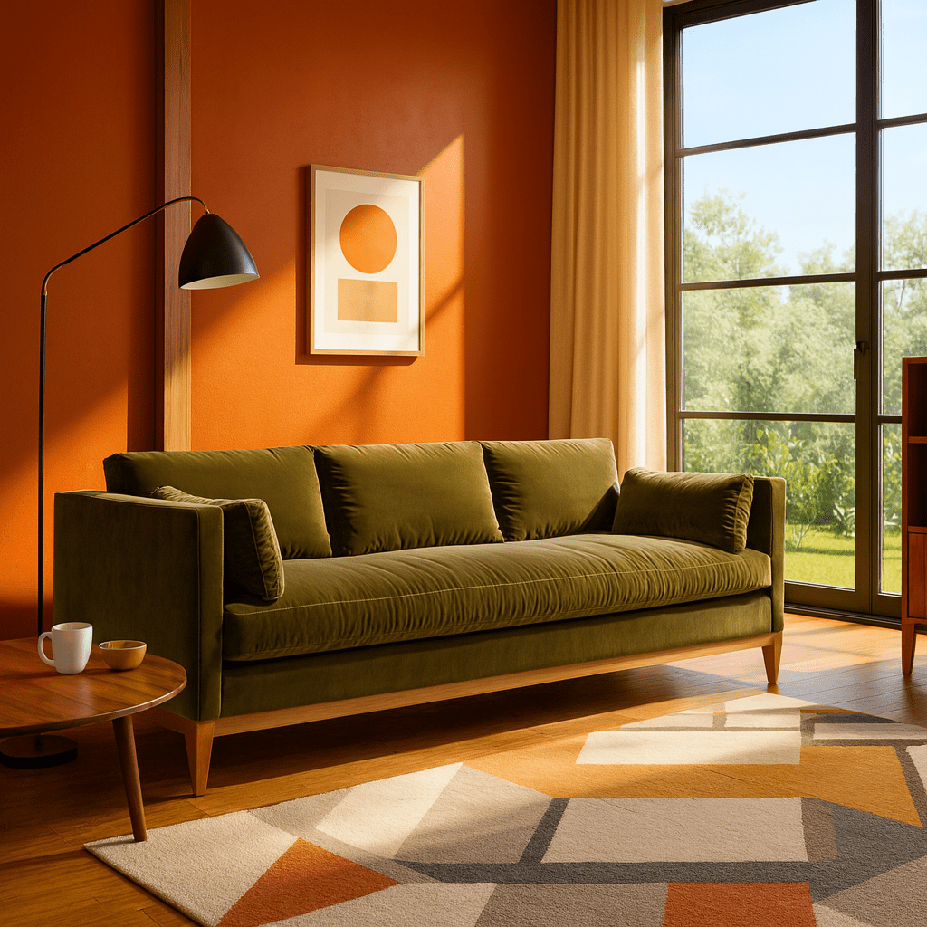 Leo Sofa in olive lifestyle setting - modern custom fabric sofa by Rowe - Whats New Furniture Portland OR