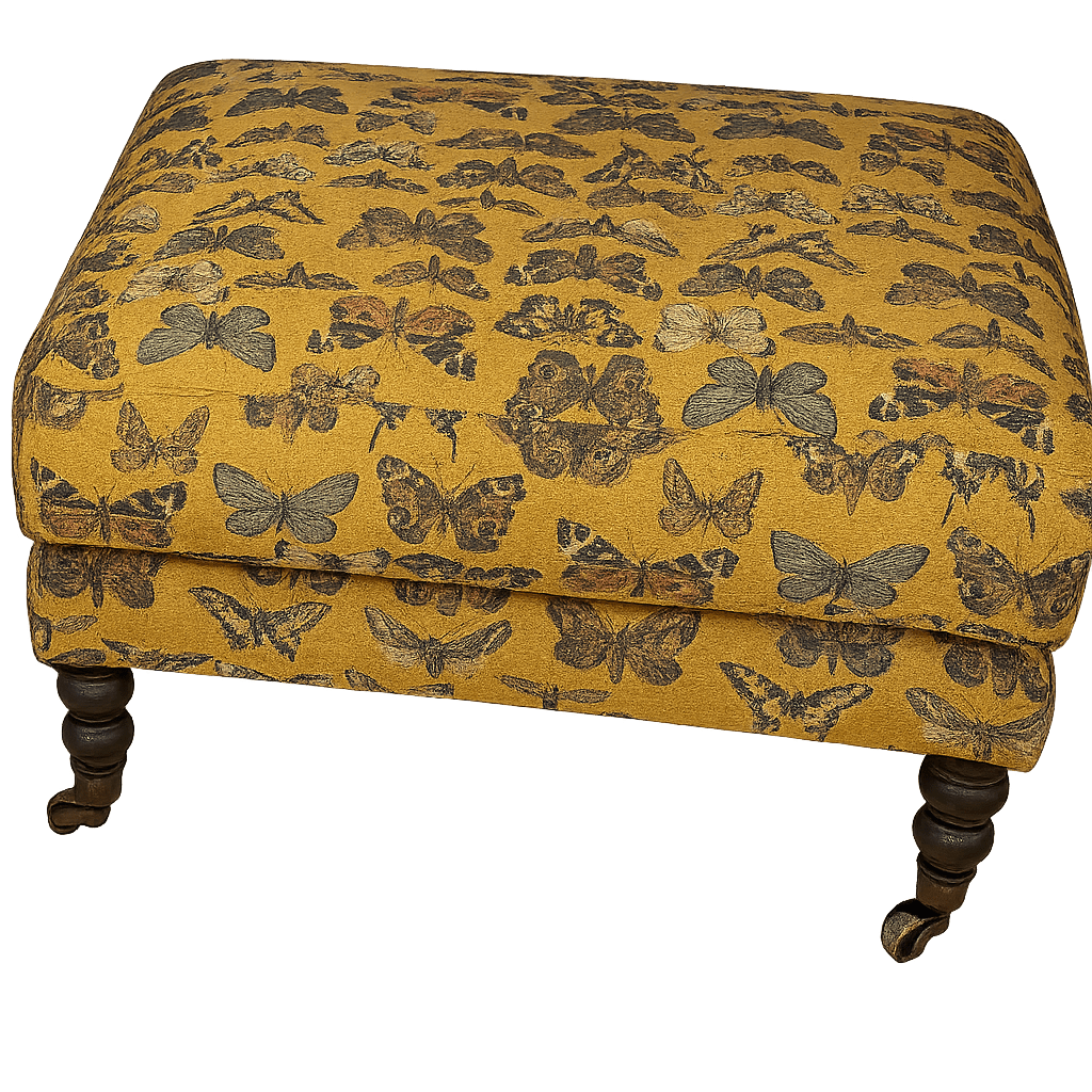 Madeline Ottoman in Patterned Yellow variant front view - custom ottoman by Rowe - Whats New Furniture Portland OR