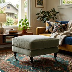 Madeline Ottoman in Sage Green room setting - custom ottoman by Rowe - Whats New Furniture Portland OR