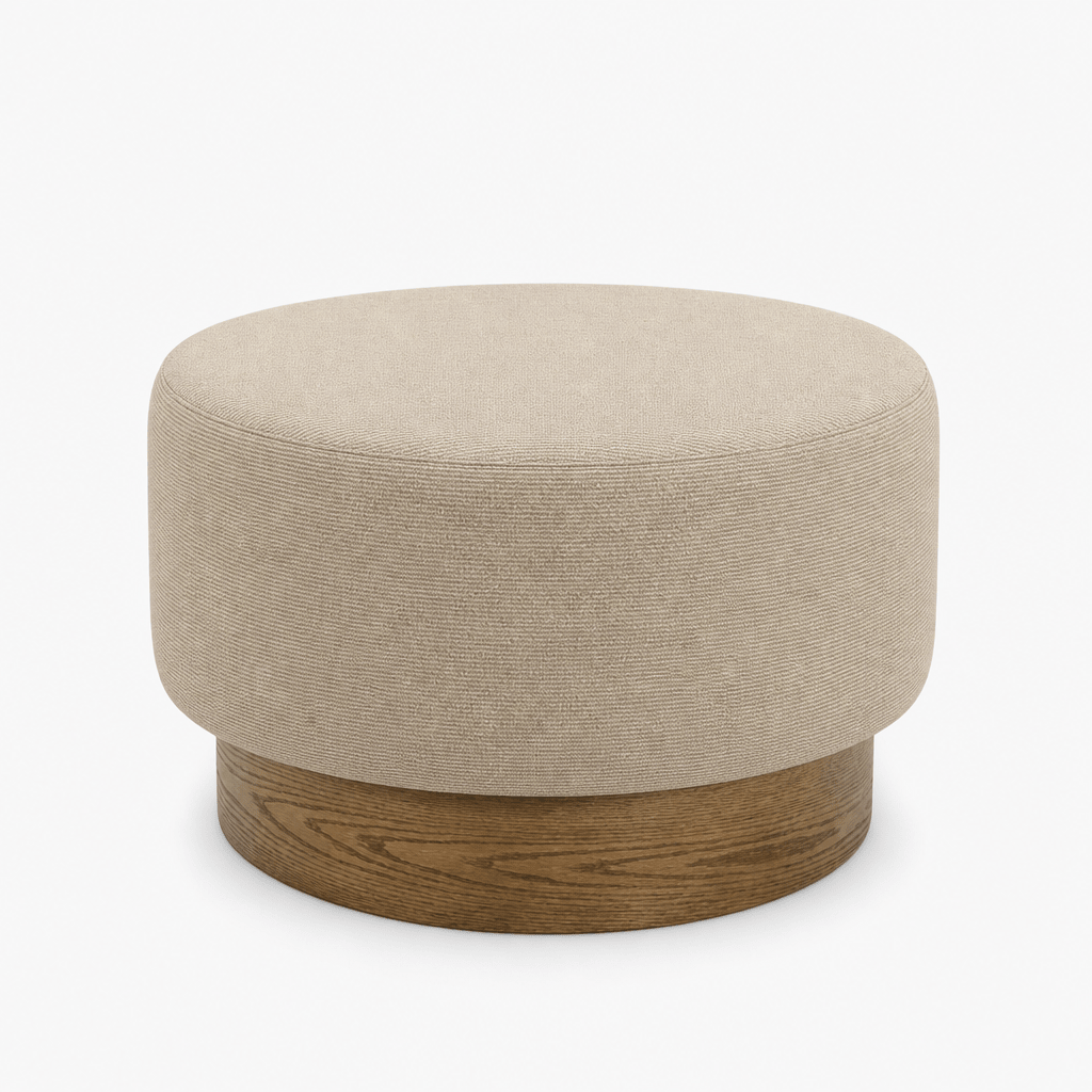 Petra Ottoman in oatmeal woven fabric front view - round drum ottoman by Rowe - What&