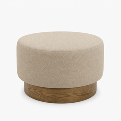 Petra Ottoman in oatmeal woven fabric front view - round drum ottoman by Rowe - What&